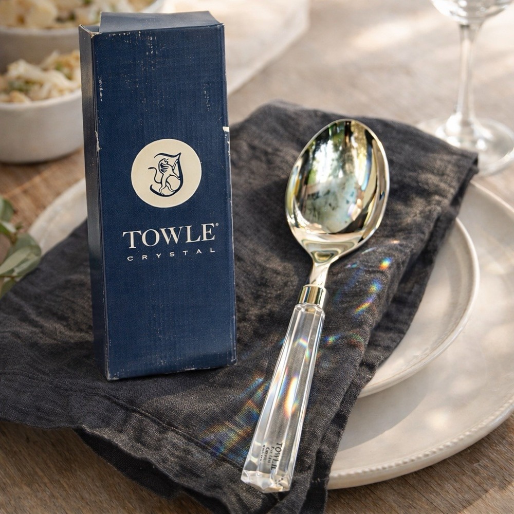 Towle Lead Crystal Serving Spoon 10" Silver Plated VTG Faceted Handle w Box